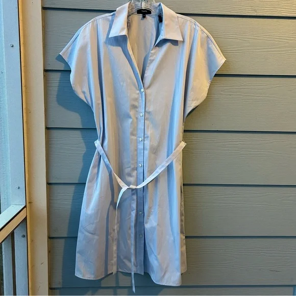 Theory Women's Sleeveless Light Blue Tie Waist Mini Shirt Dress - Picture 3 of 9